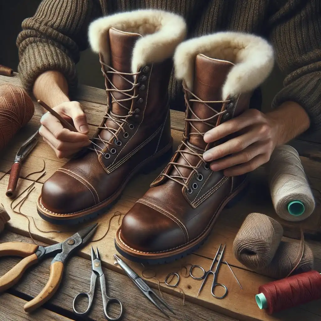 Fotorealistický obrázek osoby se středním odstínem pleti pečlivě opravující boty na dřevěném stole. Boty jsou vyrobeny z hnědé kůže.
