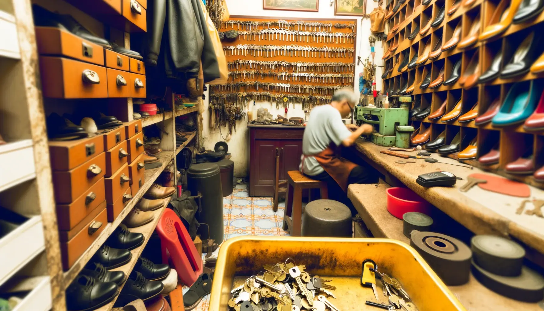 širokoúhlý obrázek zobrazující interiér rušné dílny na opravu obuvi a duplikaci klíčů