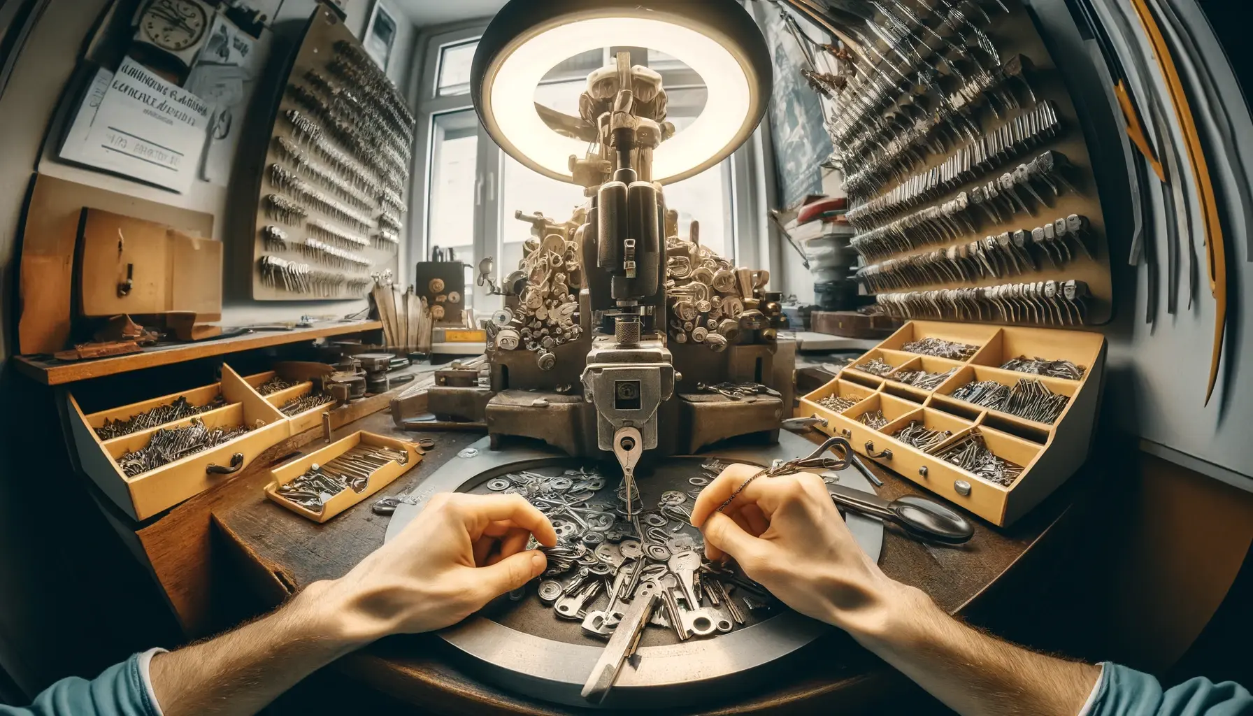 Širokoúhlý obrázek ukazující ruce osoby, nazývané Rychlovláda, pracující na stroji na výrobu klíčů v dílně.
